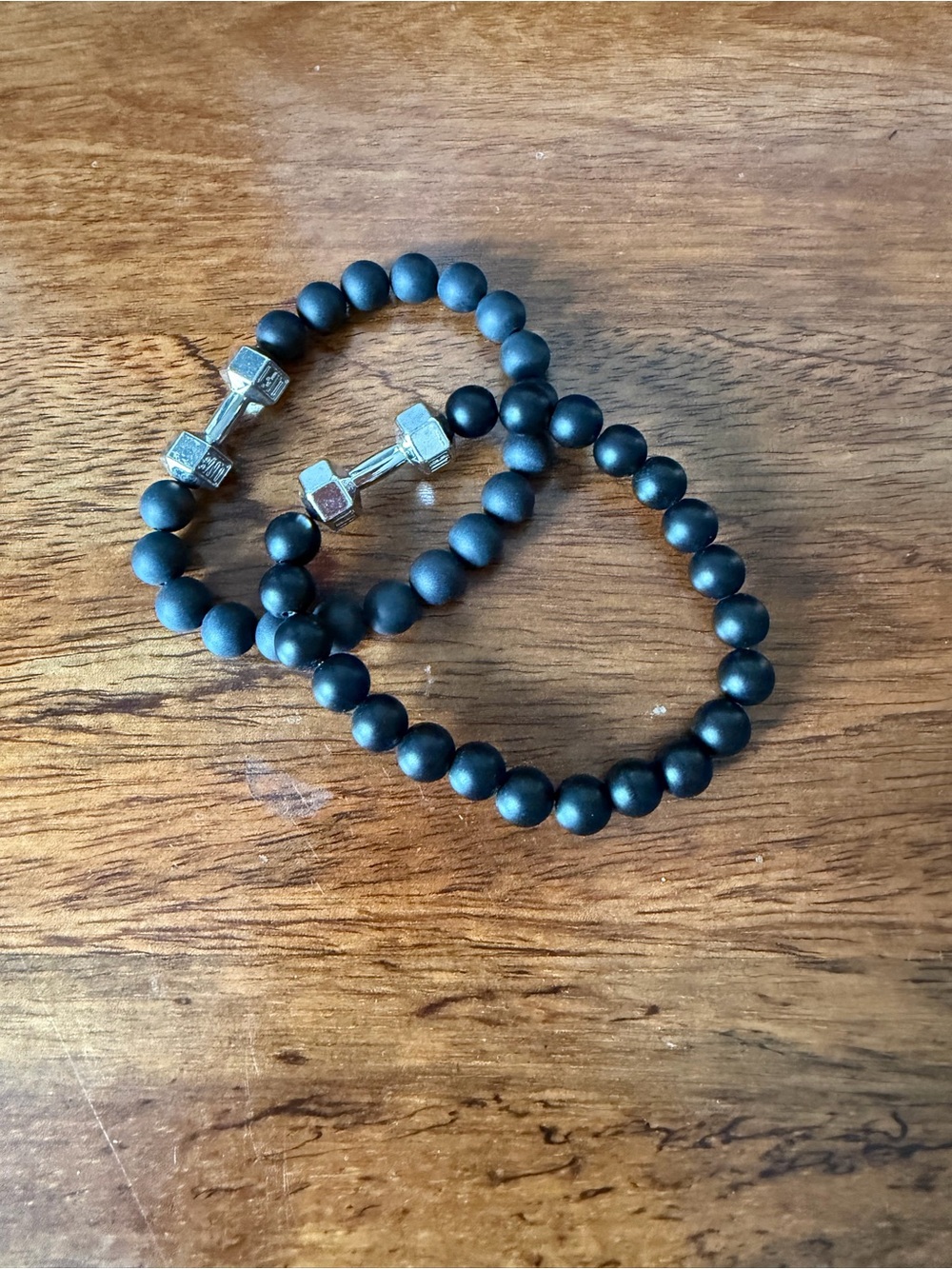 Black Beaded Stretch Bracelet with Silver Set of 2